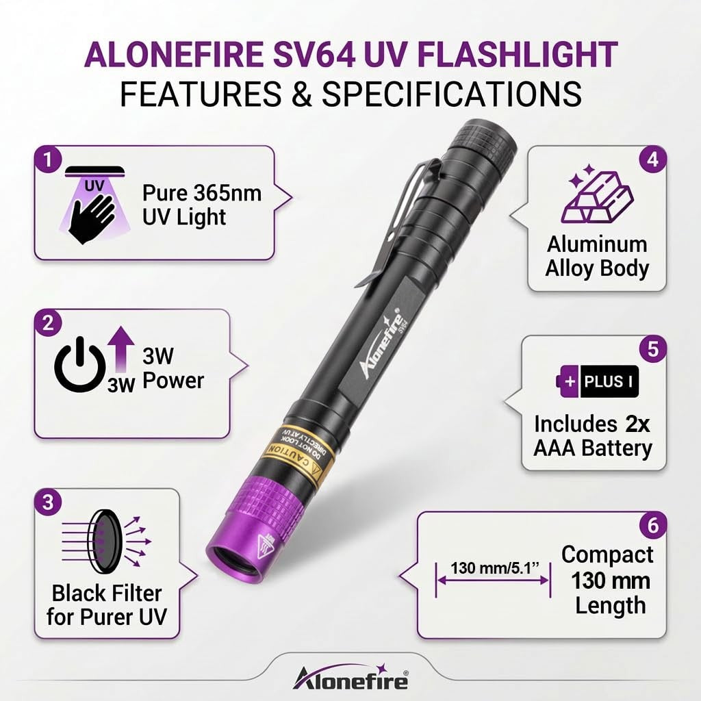 365nm Shortwave UV Black Light for Mineral Rock Hunting Compact Pocket Size
