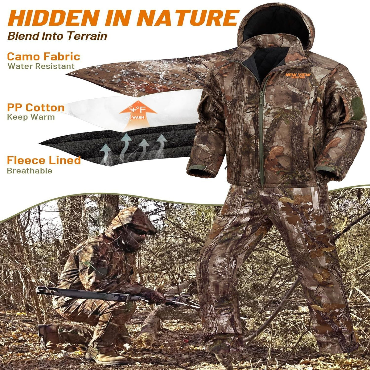 Men's Insulated Camouflage Hunting Suit with Jacket and Pants Set for Cold Weather