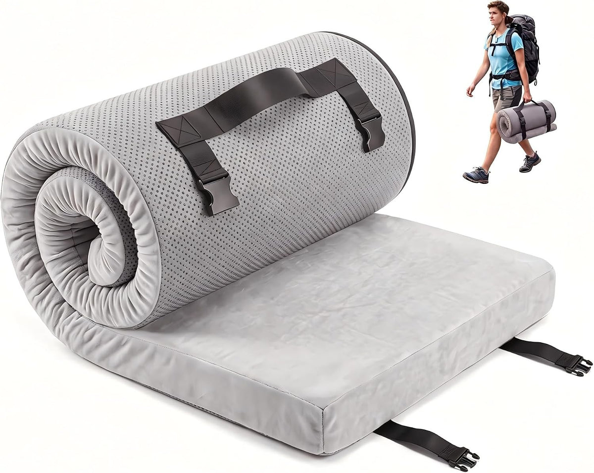 Memory Foam Camping Mattress Pad - Portable Roll-Up Sleeping Mat, Full Size Options