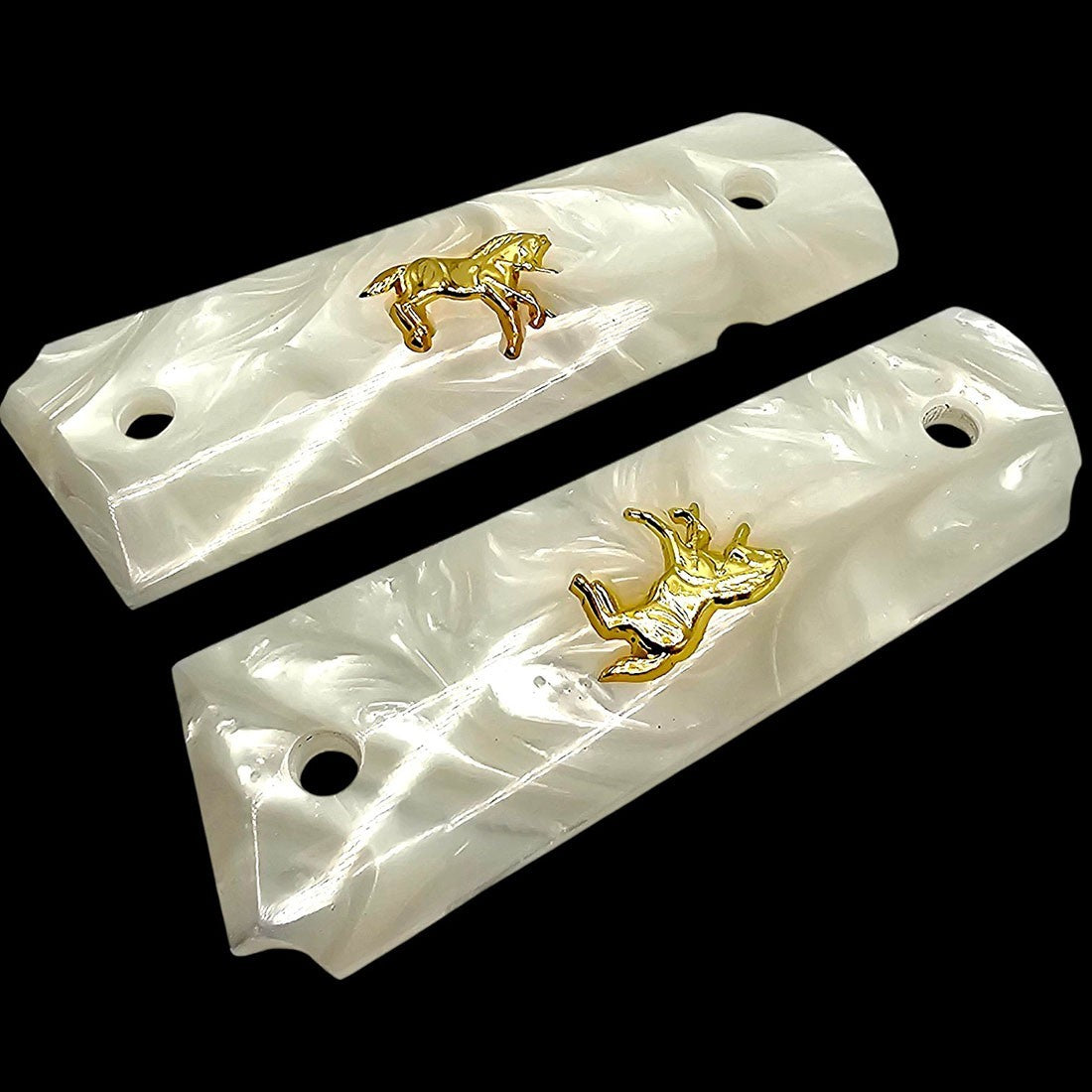 Full Size White Pearl 1911 Grips with Gold Colt Horse Emblem & Screws