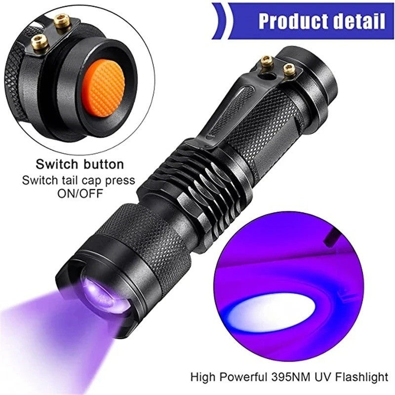 UV Black Light Flashlight 365nm 395nm Detects Pet Urine Fluorescent Inks