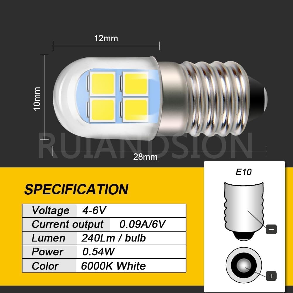 E10 LED Flashlight Bulb 240LM, 4-6V, 2 Pack for Camping & Bike Lights