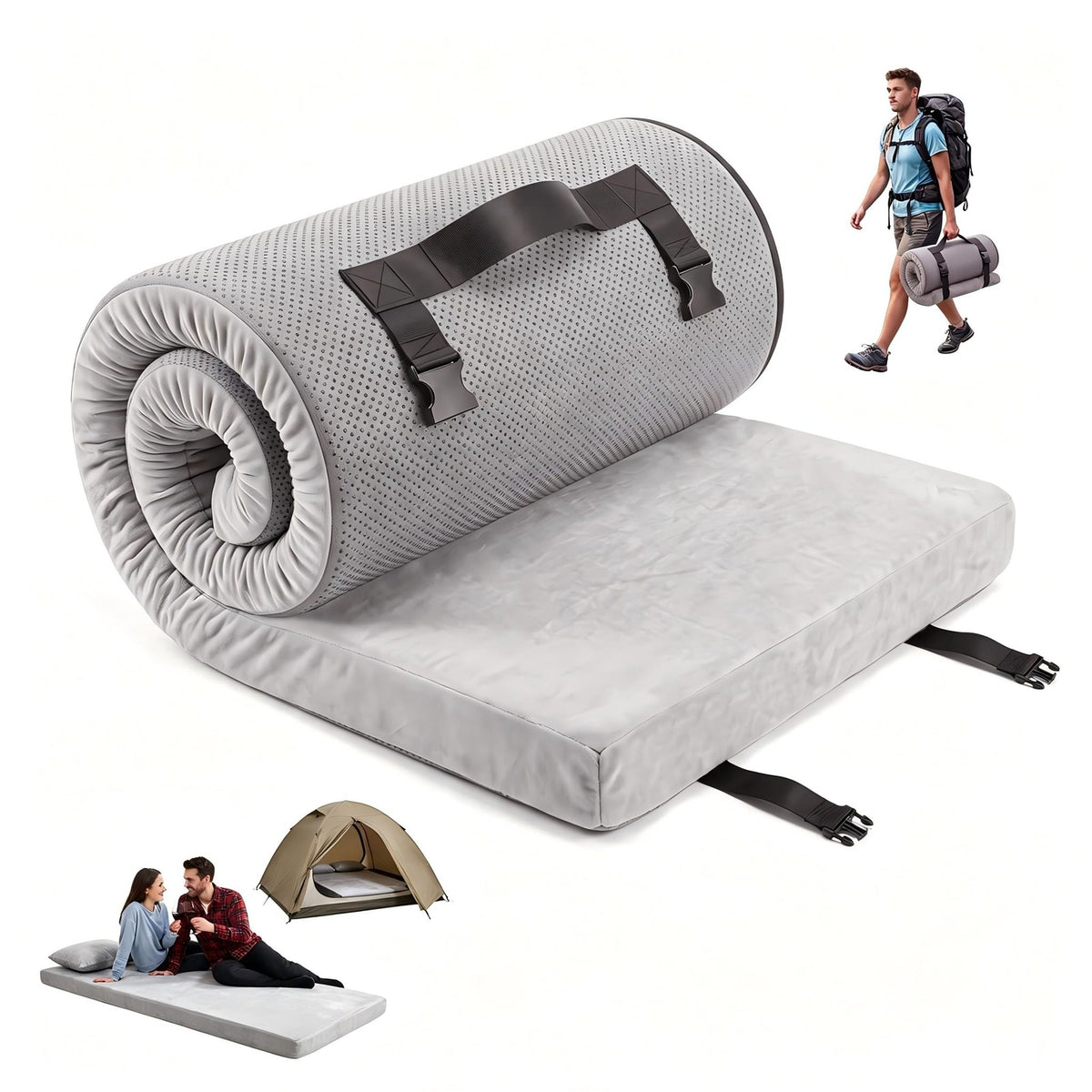 Thick Memory Foam Camping Cot Mattress Pad - Portable Roll-Up Sleeping Pad