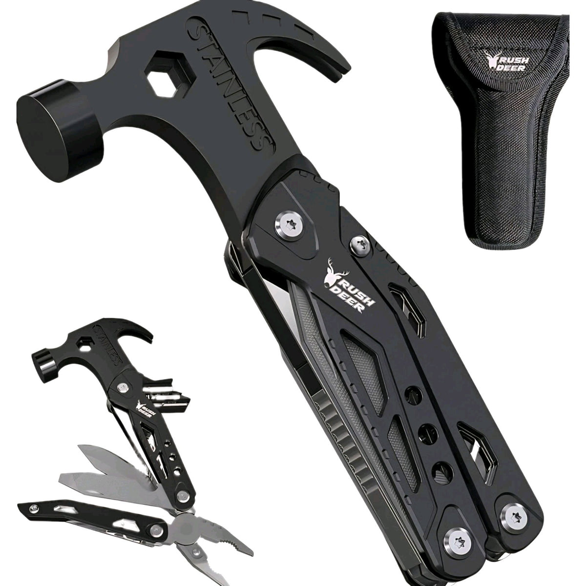 14-in-1 Stainless Steel Multi-Tool with Serrated Knife and Black Pouch