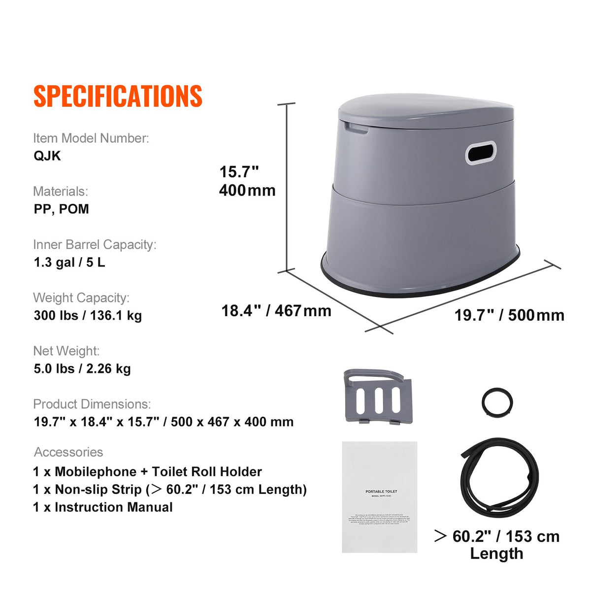 Portable Camping Toilet with Detachable Inner Bucket, Phone Shelf & Paper Holder