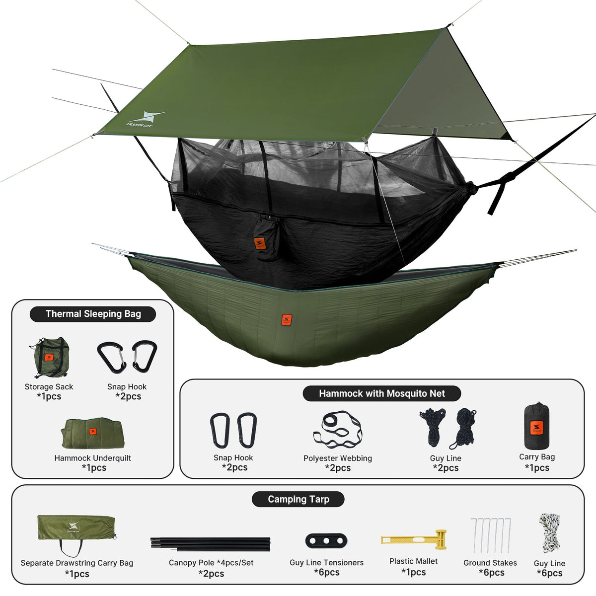 Camping Hammock with Mosquito Net Rainfly Under Quilt and Mat - Outdoor Gear