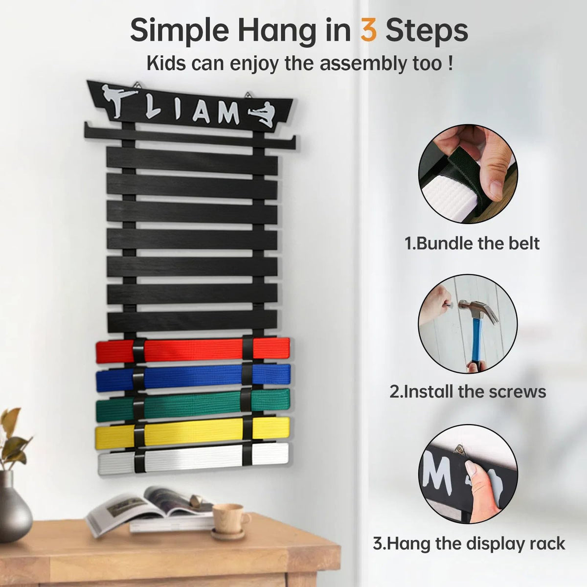 Martial Arts Belt Display Rack for 12 Belts with Stickers & Medal Hanger