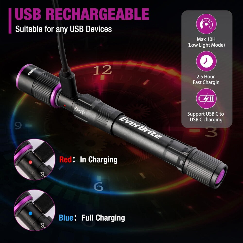 Rechargeable UV and White Light Flashlight with 4 Modes, Waterproof, Portable
