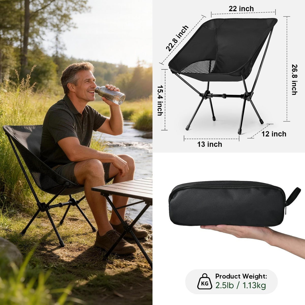 2-Pack Collapsible Camping Chairs with Carrying Bag for Outdoor Hiking and Camping