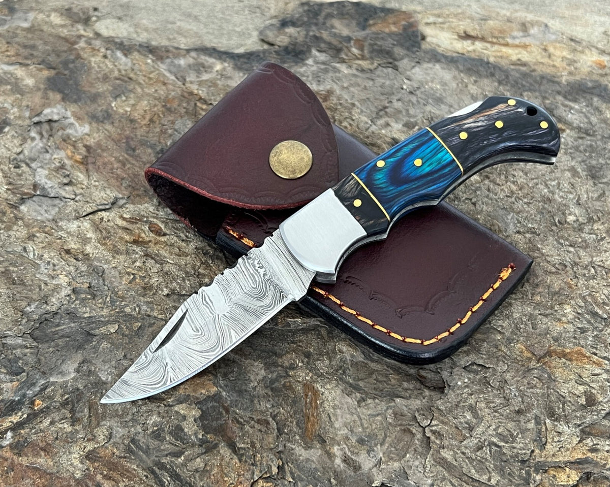 Damascus Folding Pocket Knife with Small Defects Handmade, Multiple Variants