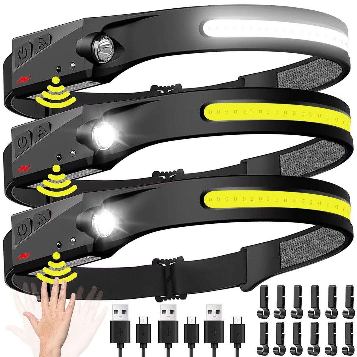 Rechargeable LED Headlamp 3PCS 230° Wide Beam Waterproof Motion Sensor