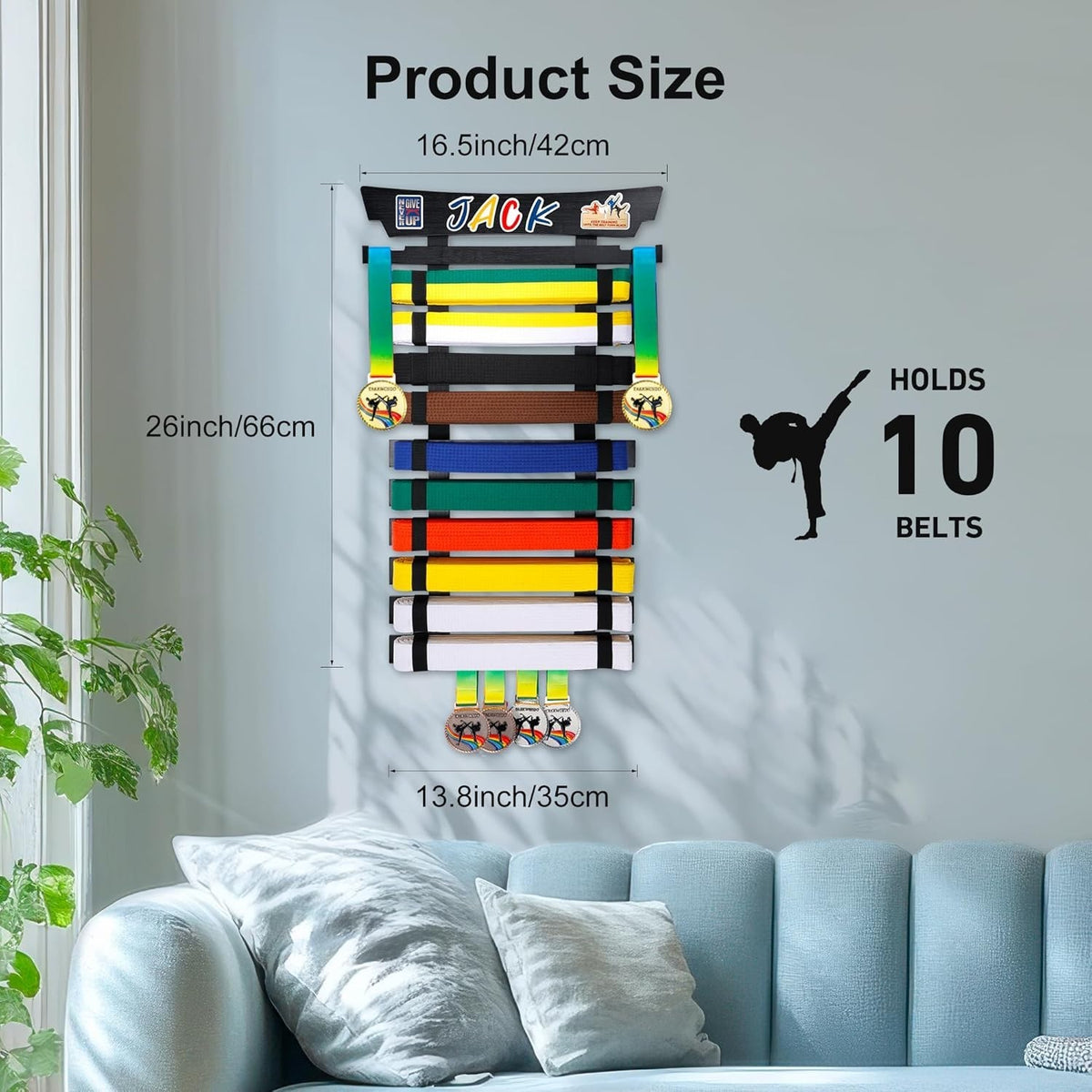 Personalized Martial Arts Belt Display Rack with 10 Belt Capacity and Sticker Set