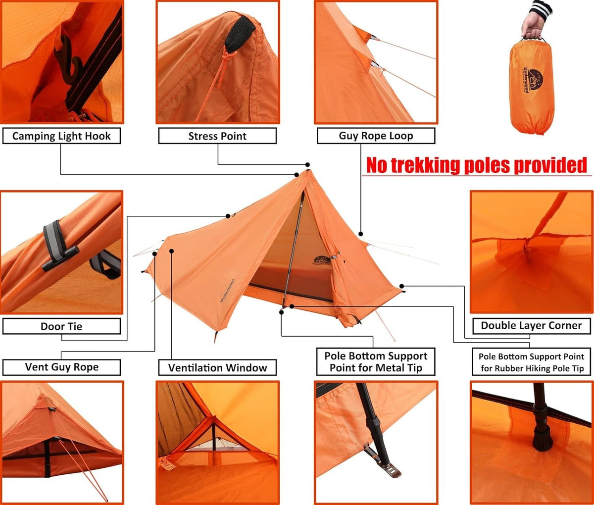 Ultralight 1 Person Trekking Pole Tent Waterproof Backpacking Shelter