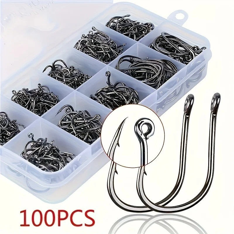 100PCS Stainless Steel Carbon Fishing Hooks with Loop Sharp Durable Tackle