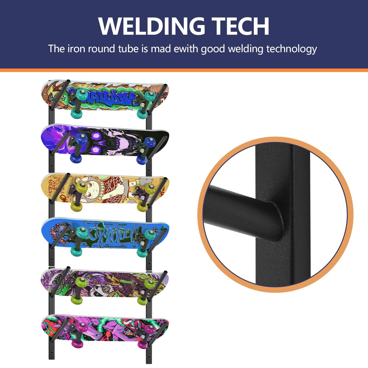 6-Tier Wall Mount Skateboard & Snowboard Rack Space-Saving Storage Organizer