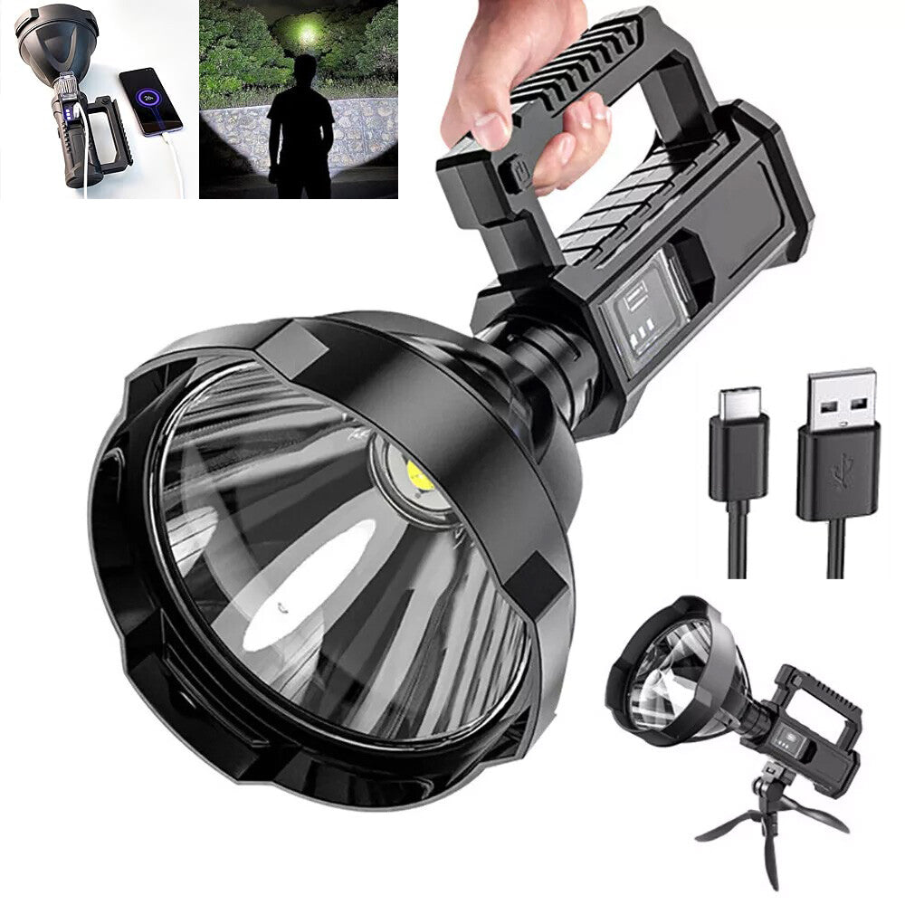 Super Bright LED Searchlight Rechargeable Spotlight with Tripod Waterproof 2,000,000 Lumens