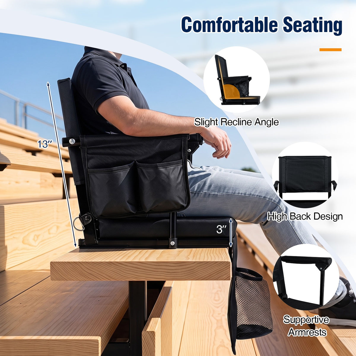 2-Pack Folding Stadium Seats with Cup Holders & Pockets