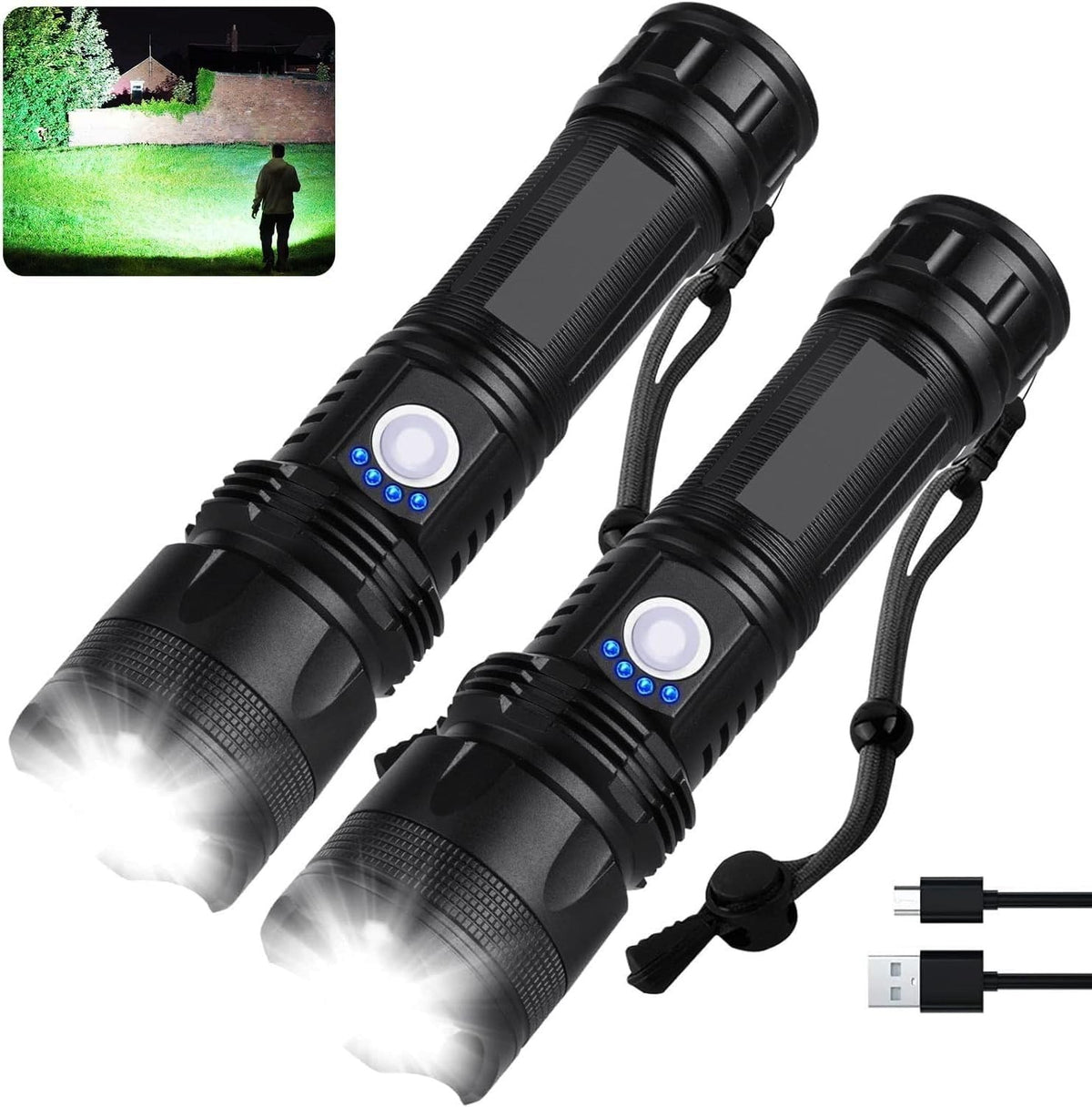 Super Bright 90,000 Lumens Rechargeable Waterproof LED Flashlight - 2 Pack