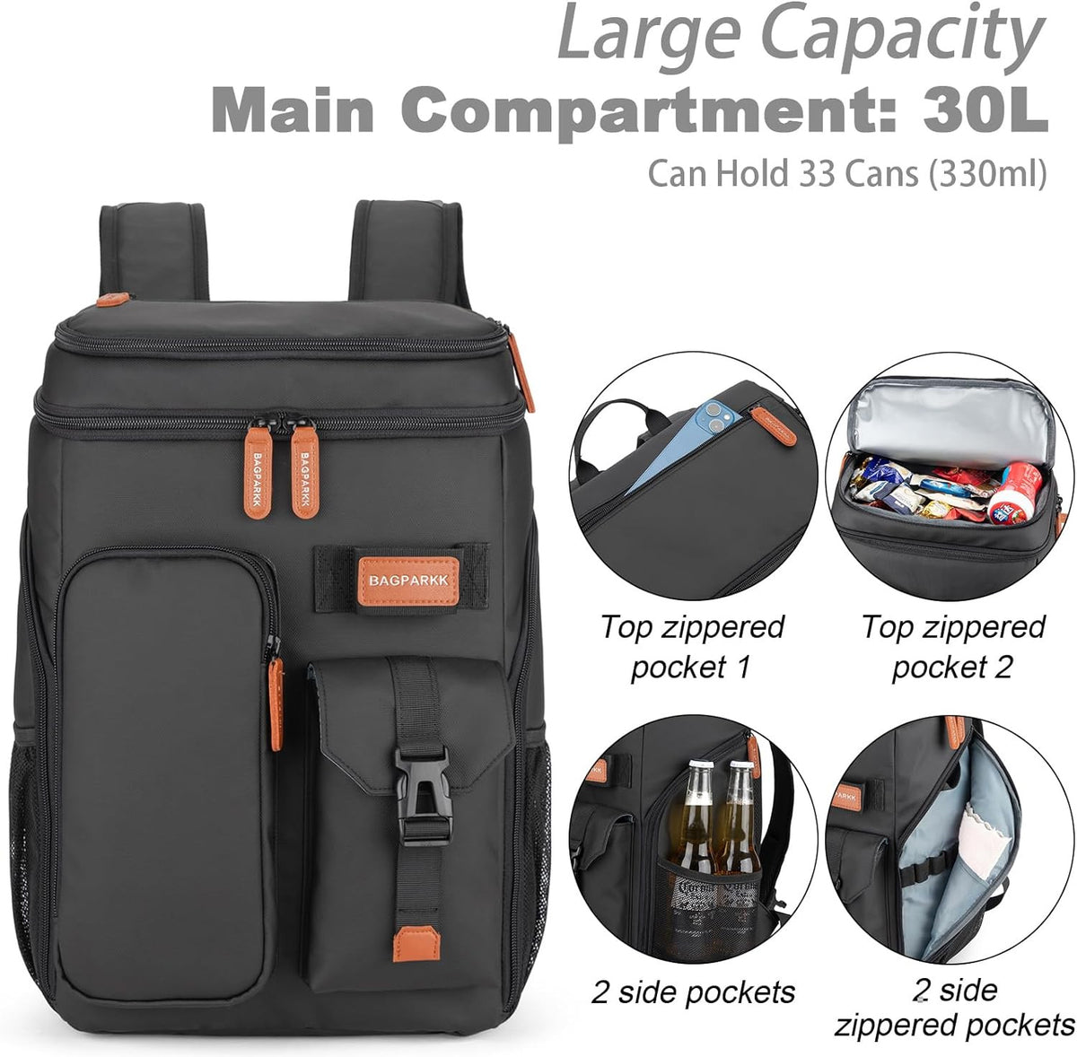 Insulated Leakproof Cooler Backpack 33/45 Cans with Double Deck, 30L