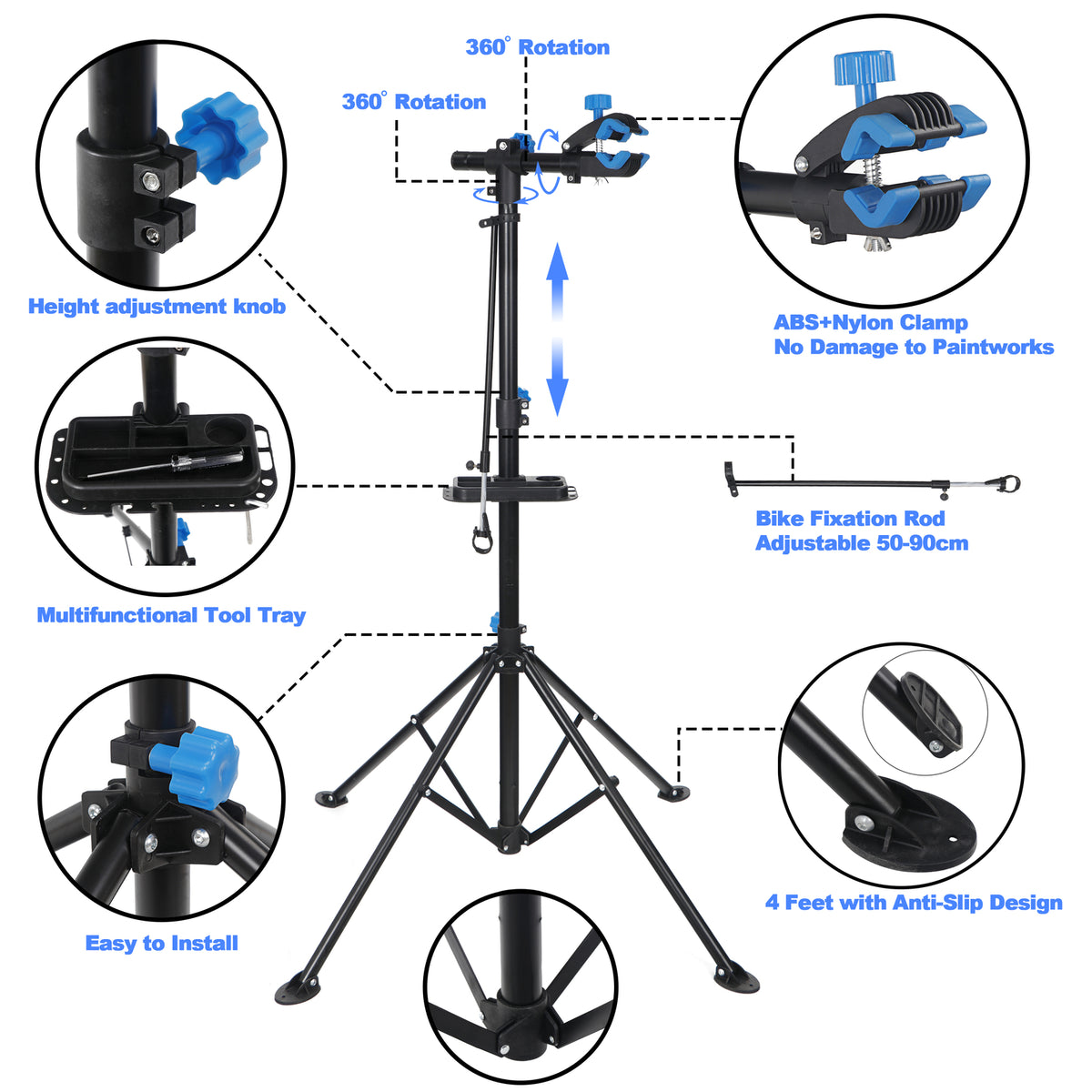 Adjustable Bicycle Repair Stand with Foldable Legs and Tool Tray