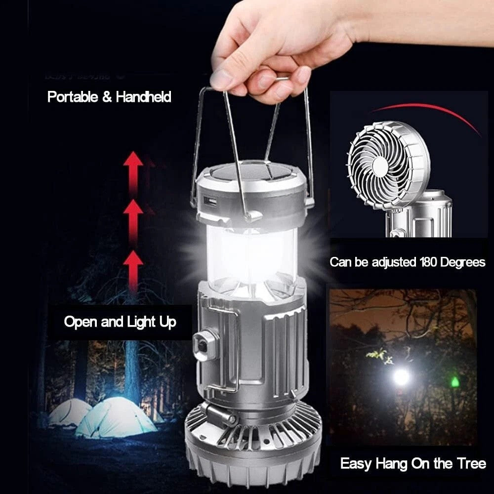 Rechargeable Solar Camping Lantern with Fan - Portable Tent Light & USB Power Bank