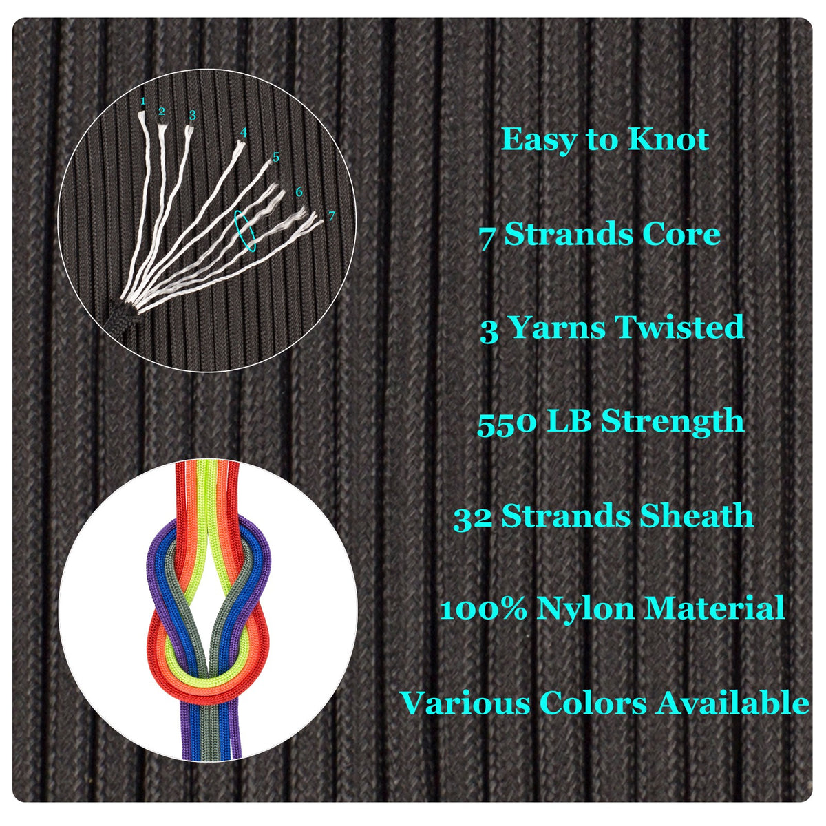 Heavy Duty Paracord 550 Rope for Camping Hiking Survival Tying & Crafting