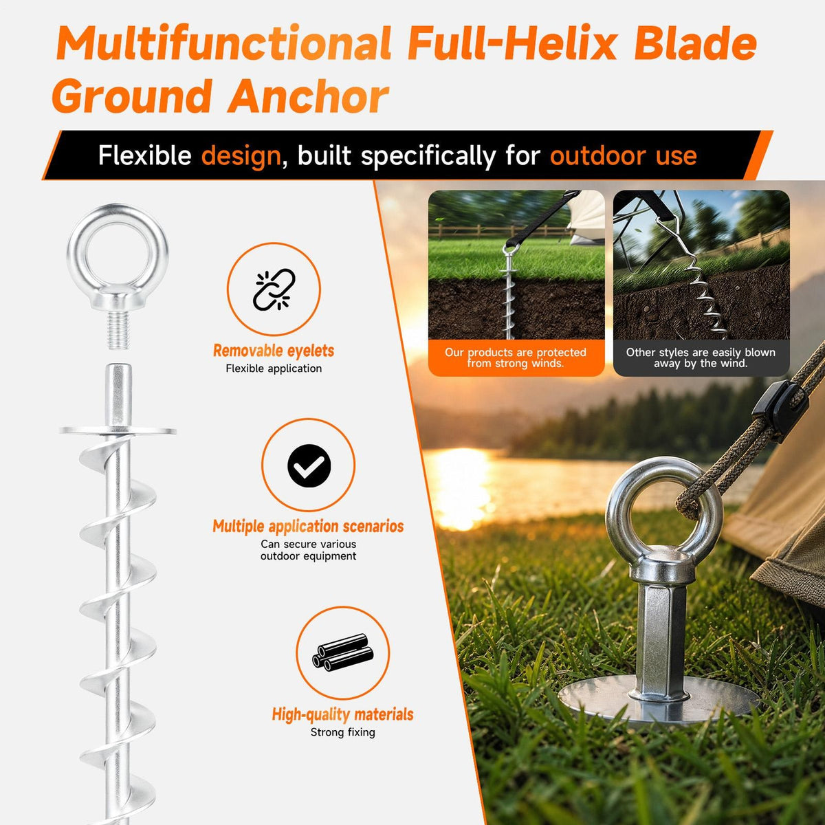 Heavy Duty Ground Anchors Screw in 4 Pack for Tent, Swing Set, Pergola - Rust-Resistant Steel