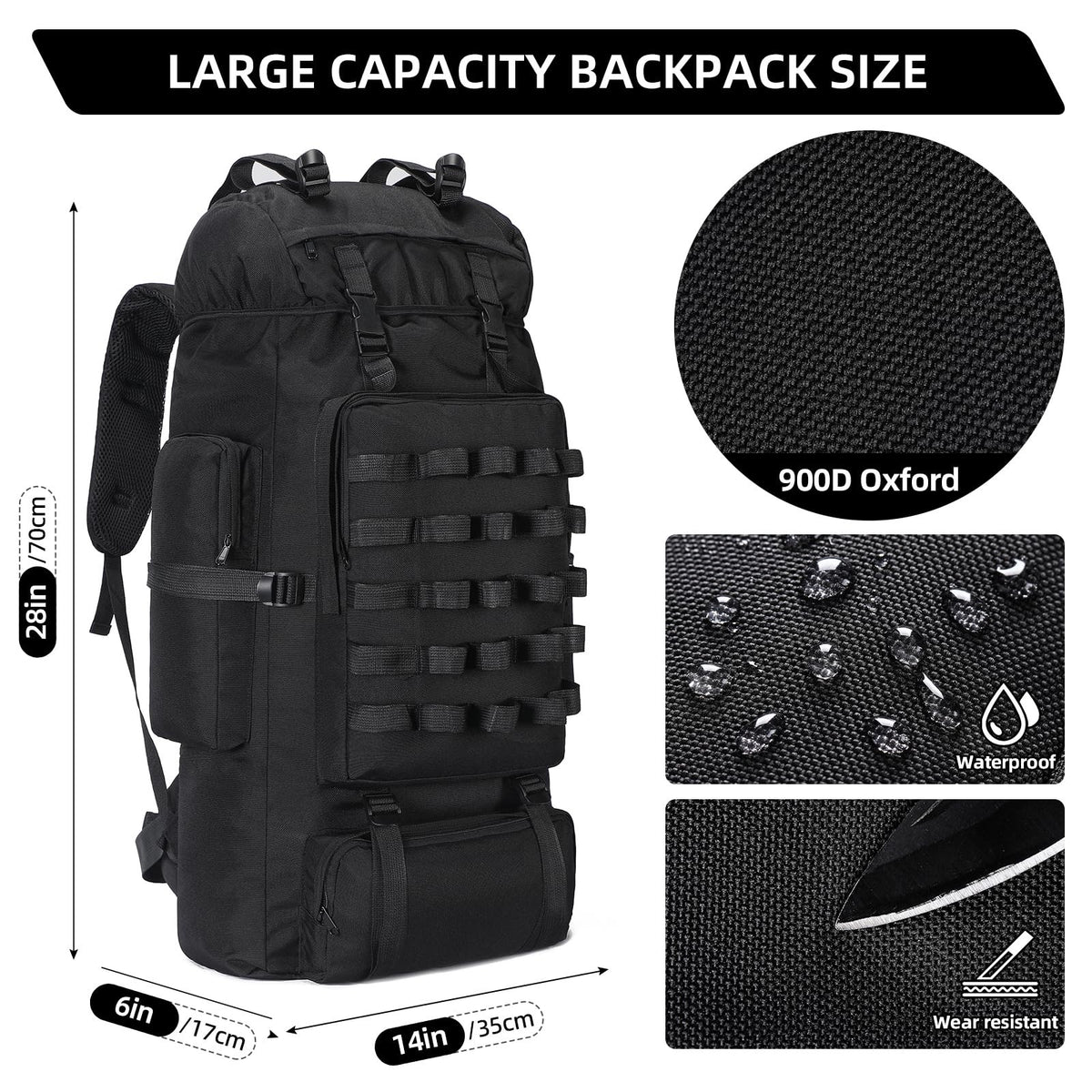 70L Waterproof Hiking Backpack with Rain Cover for Camping & Travel