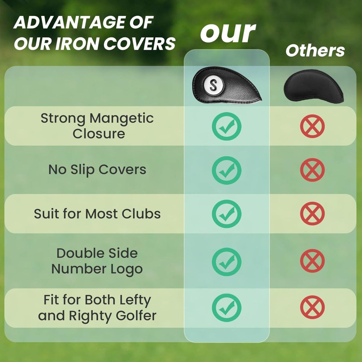 11 Pack Leather Golf Club Head Covers with Magnetic Closure - Multiple Colors