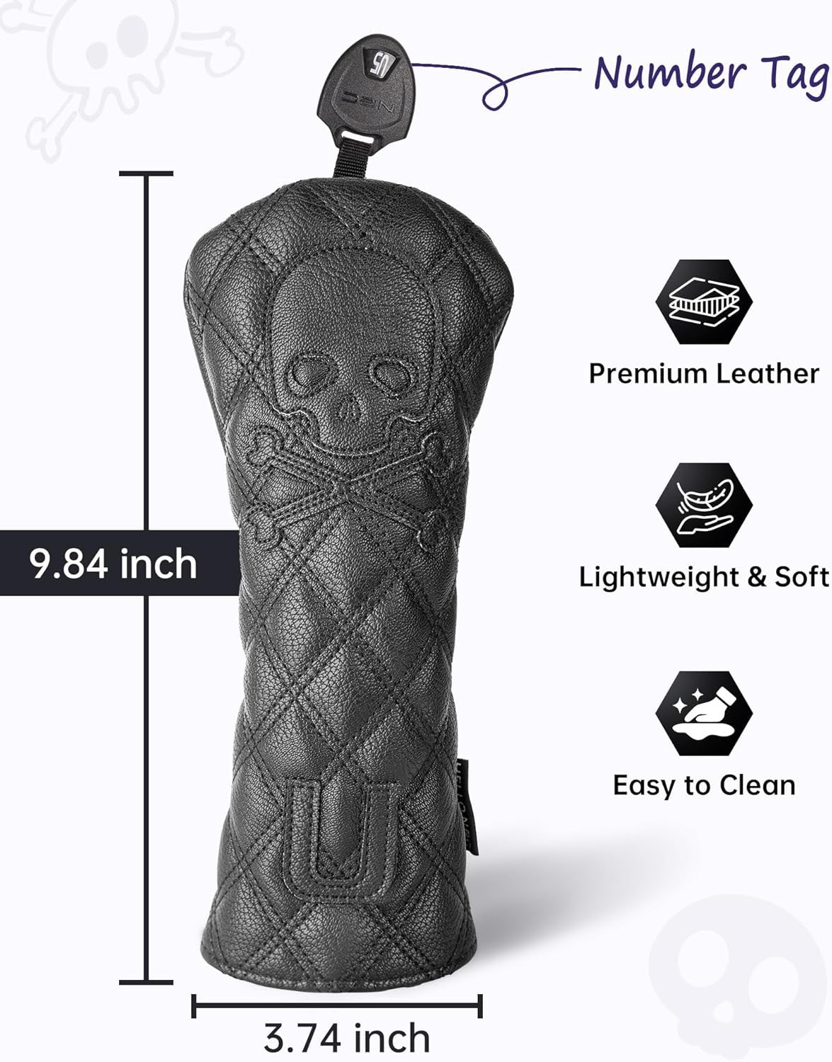 Golf Club Headcover Set with Skull Design - Fits Driver, Fairway, Hybrid, Waterproof Leather