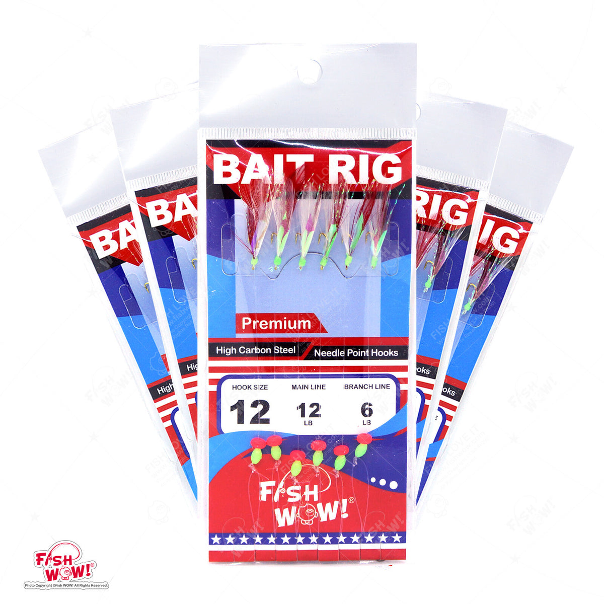 Premium Sabiki Bait Rig 6-Hook Set - Size 12 Red White Feather
