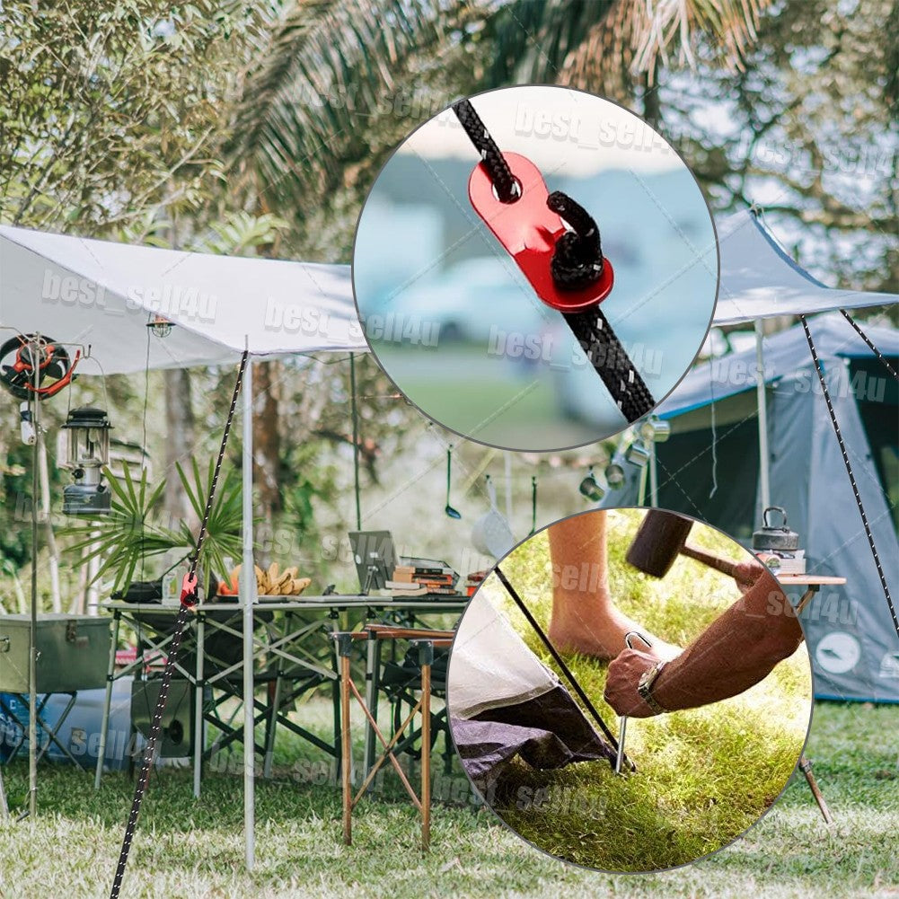 Reflective Tent Guy Lines Kit with Aluminum Tensioners and Stakes - Heavy Duty Camping Rope Set