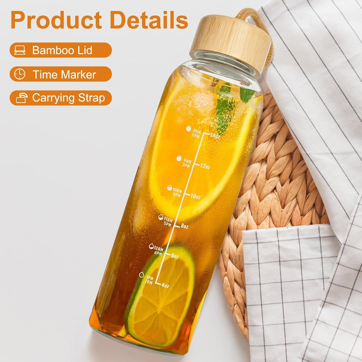 17oz Glass Water Bottle with Time Marker, Leakproof Lid & Strap