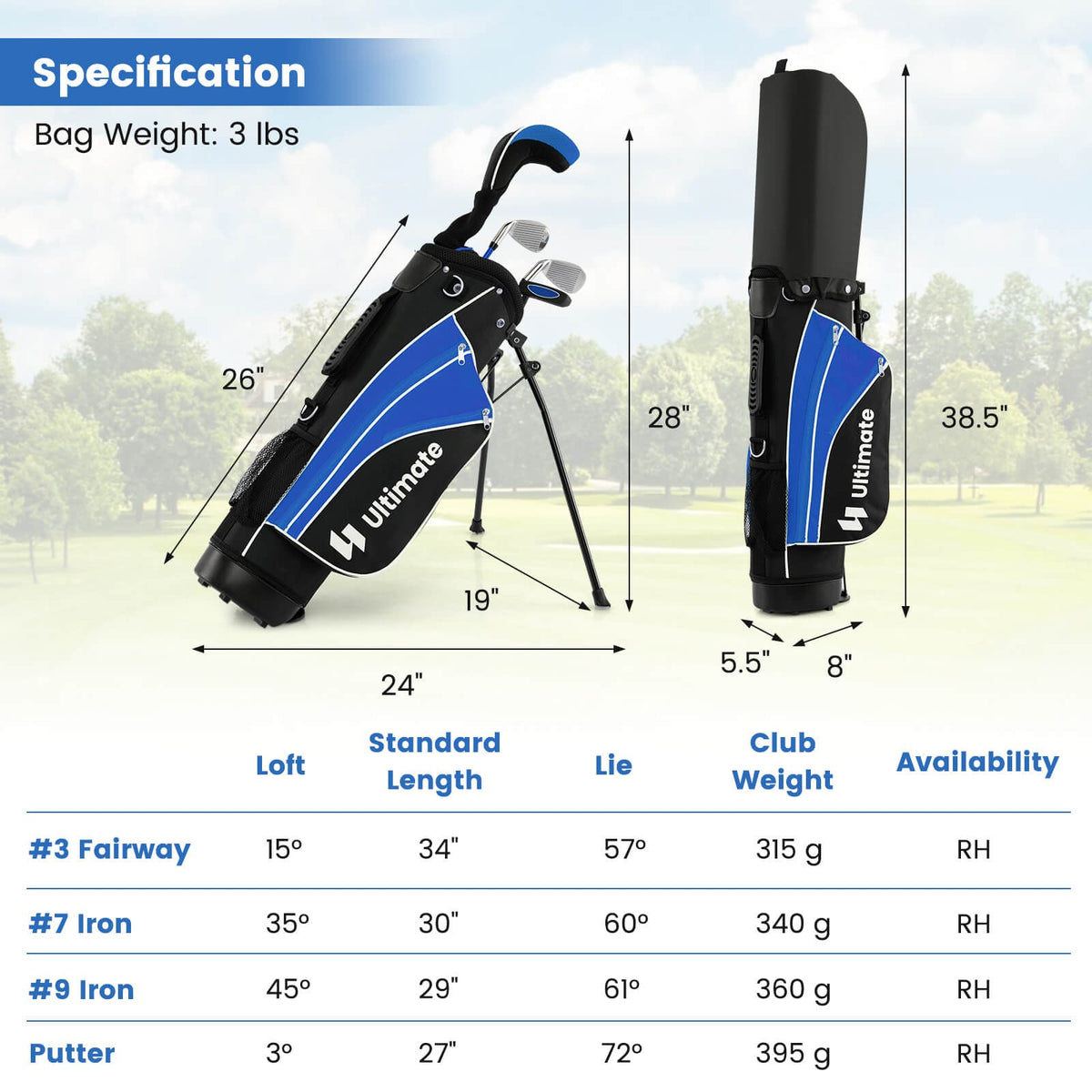 Junior Golf Club Set for Kids Age 8+ - 5-Piece Complete Golf Kit in Blue