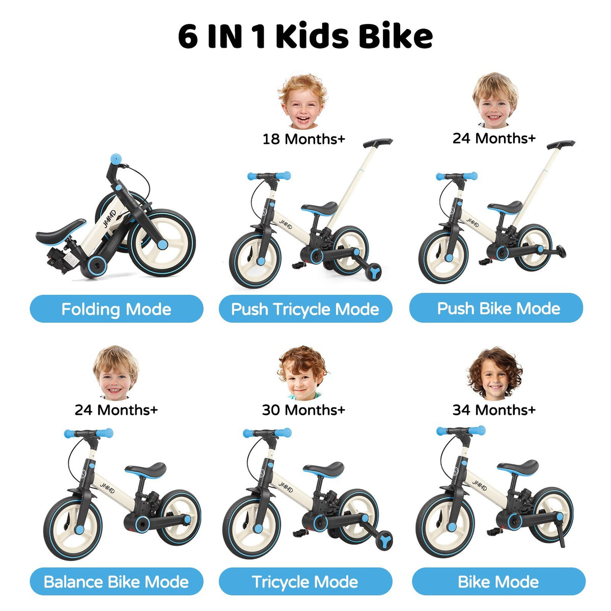 6-in-1 Foldable Toddler Bike with Push Handle for 18-60 Months, Adjustable & Durable