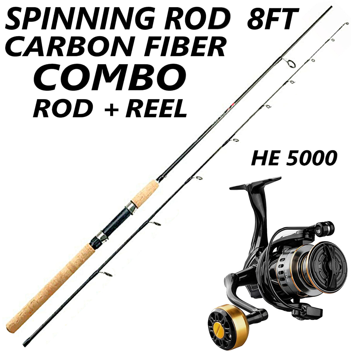 Medium Heavy Carbon Fiber Spinning Fishing Rod & Reel Combo - Fast Action, Cork Handle