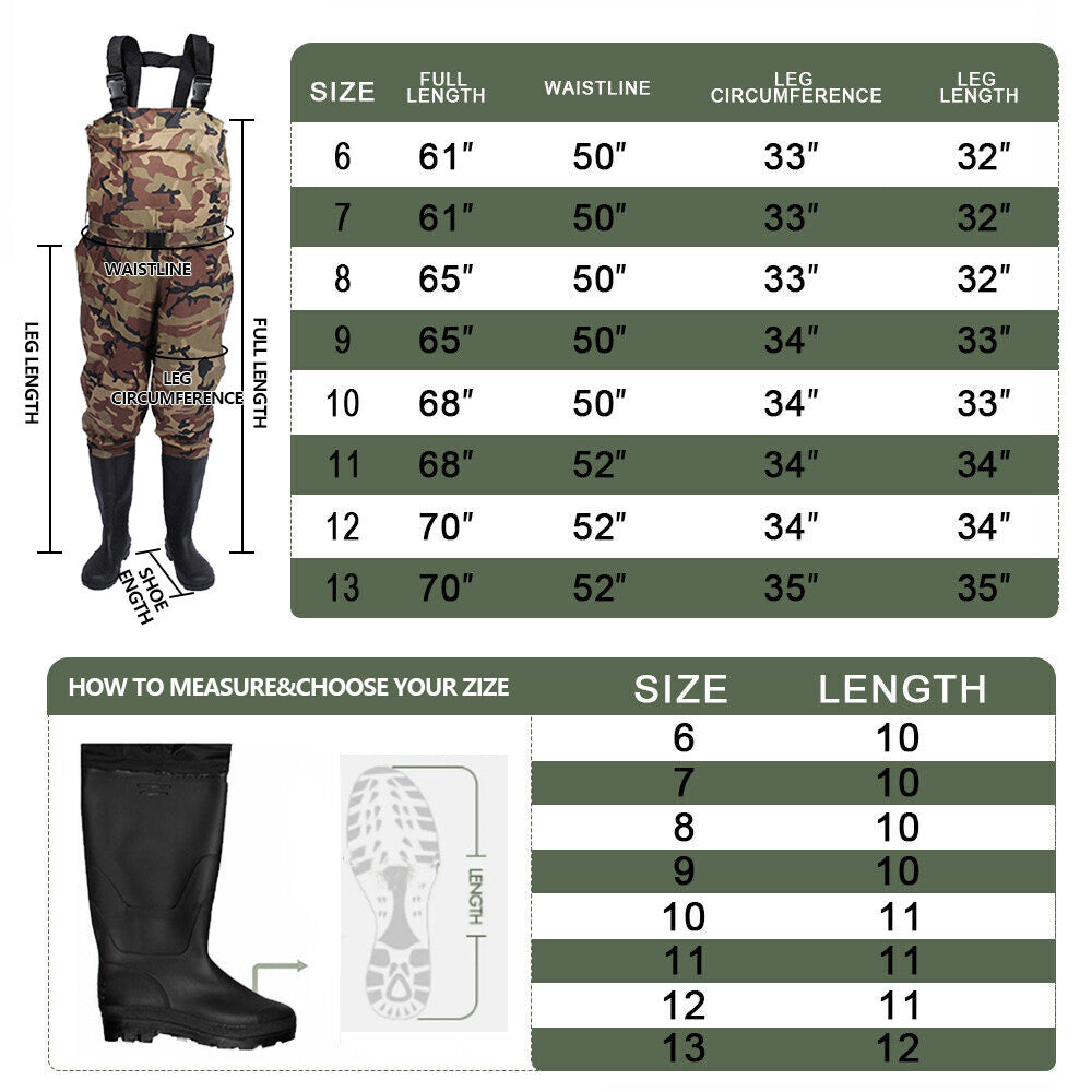 Waterproof Chest Waders for Fishing and Hunting - Nylon & PVC Bootfoot, All Sizes & Colors