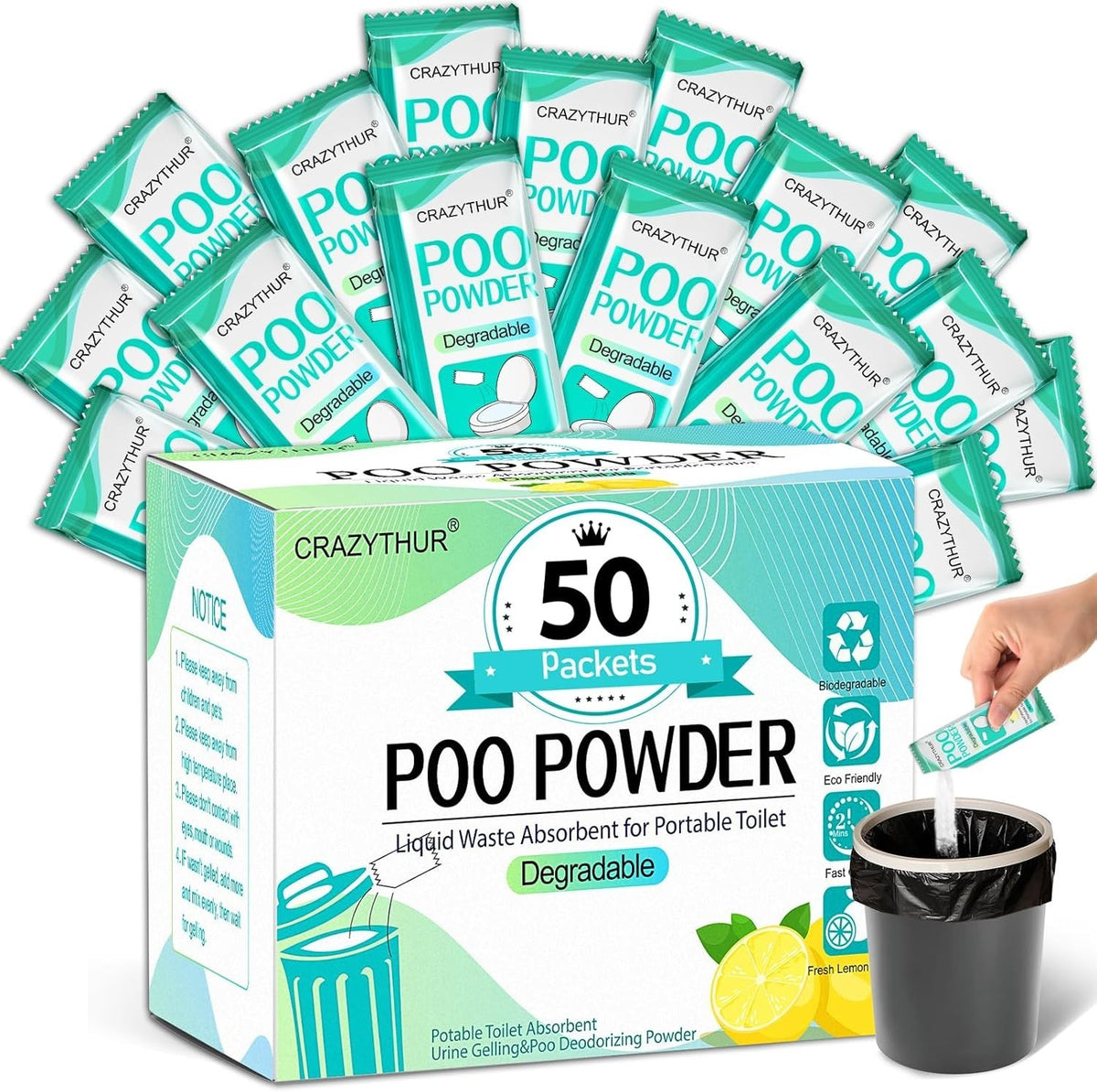 Portable Toilet Gel Powder for Camping & Travel Eco-Friendly 50 Pack