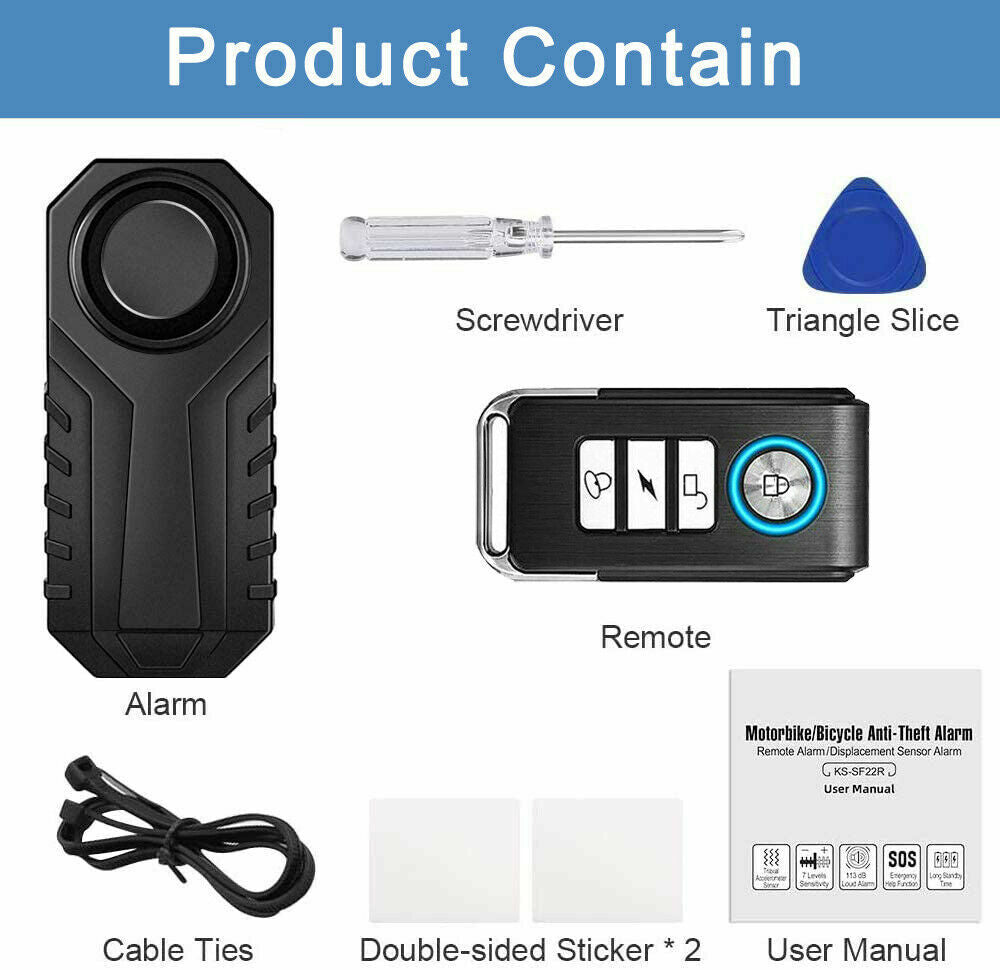 Wireless Bike Alarm with 113dB Loud Siren, Vibration Sensor & Remote Control