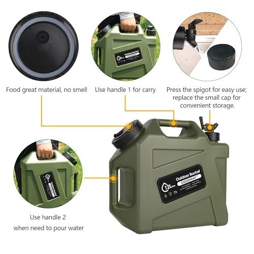 3.2 Gallon BPA-Free Water Container with Spigot for Camping & Outdoor Use - Military Green