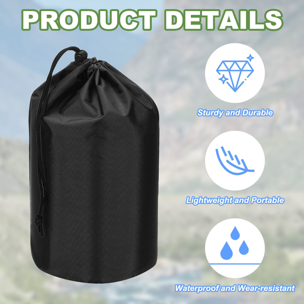 Waterproof Outdoor Storage Sack 9 x 17 Inch Drawstring Bag for Camping Hiking