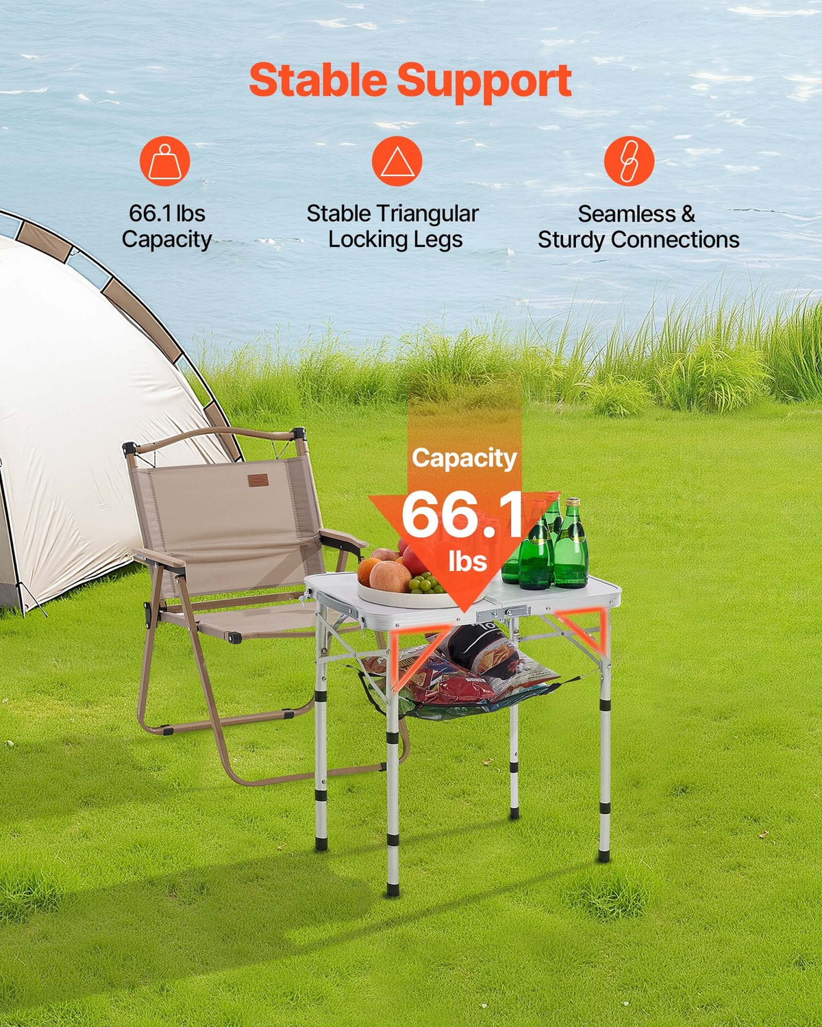 2ft Folding Camping Table with Adjustable Height and Carry Handle