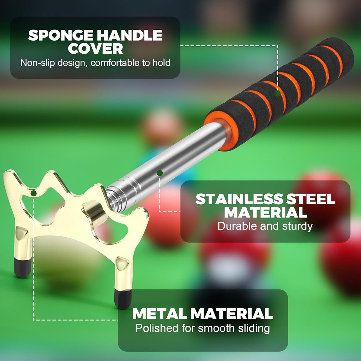 Retractable Pool Bridge Stick with Brass Head — Adjustable Multi-Angle Cue Accessory