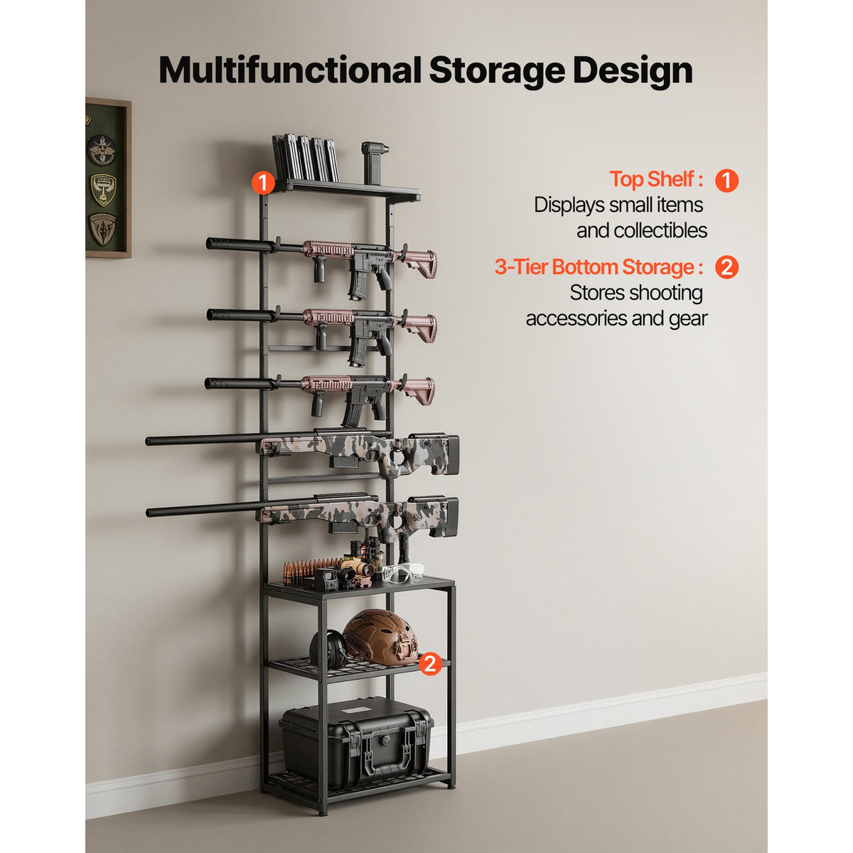 Freestanding and Wall-Mount Gun Rack for 5 Firearms and Tactical Gear