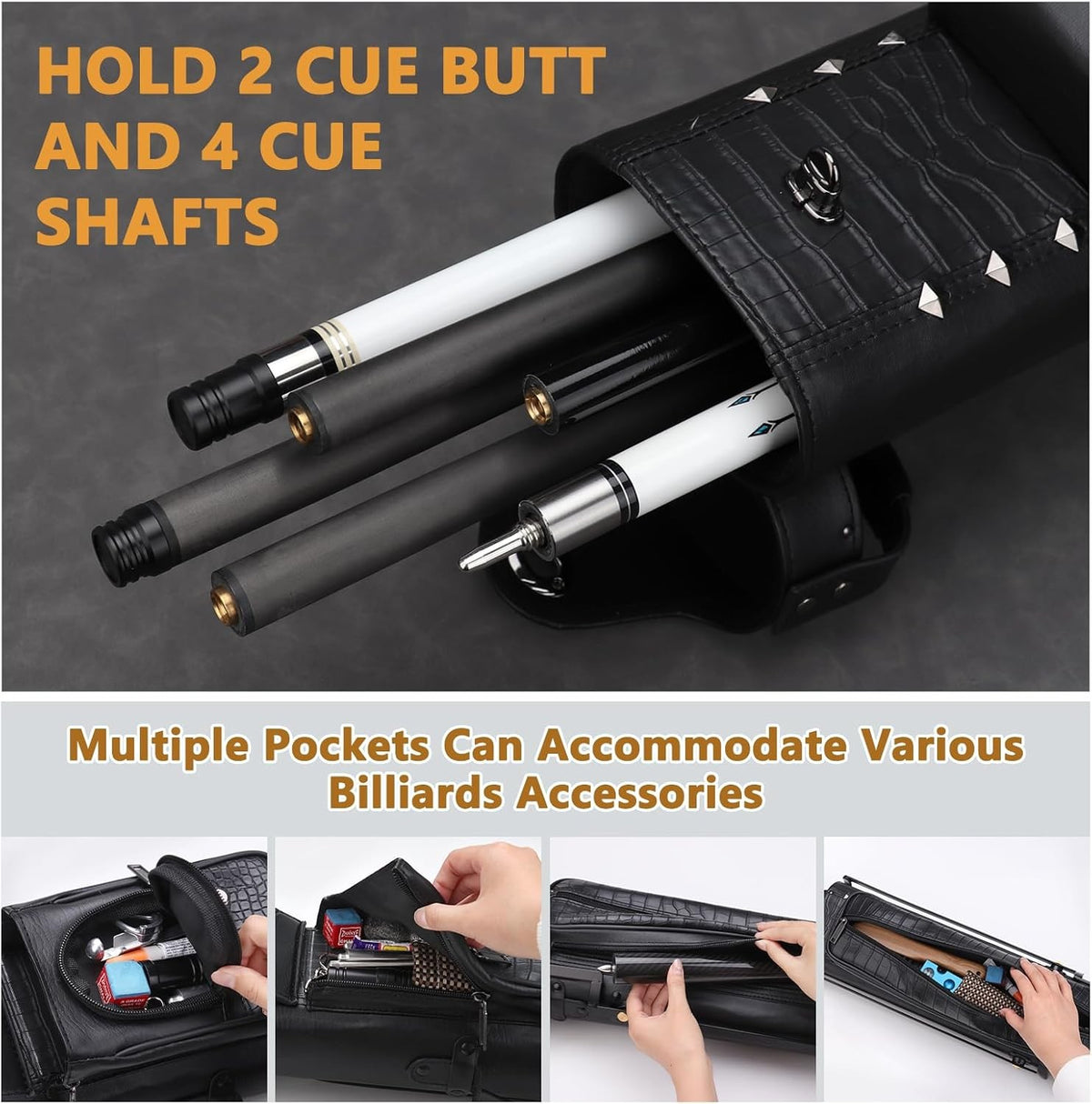 6-Hole Billiard Cue Case with Stand, Hard Faux Leather, Holds 2 Butts & 4 Shafts