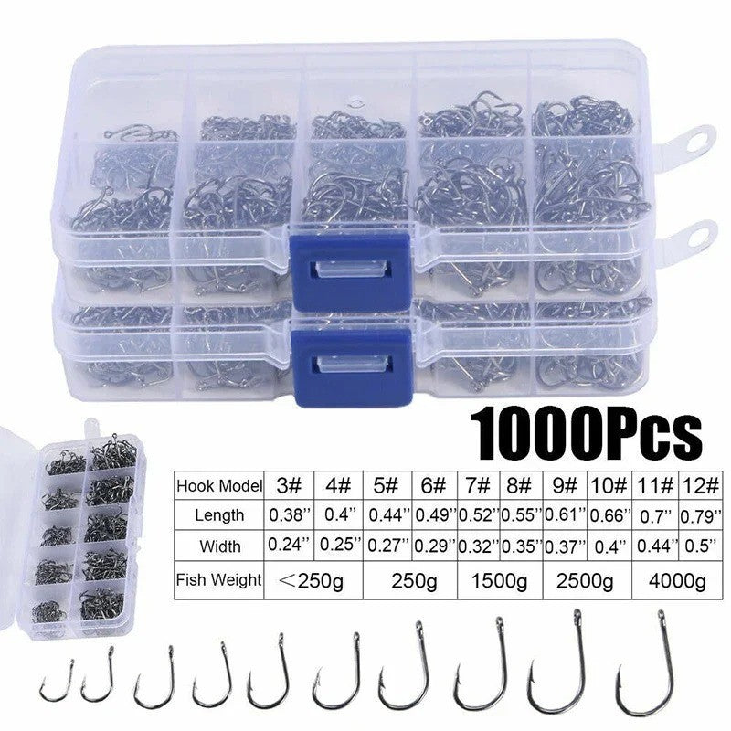 Fishing Hooks Set - Offset Circle High Carbon Steel, Multiple Sizes & Quantity