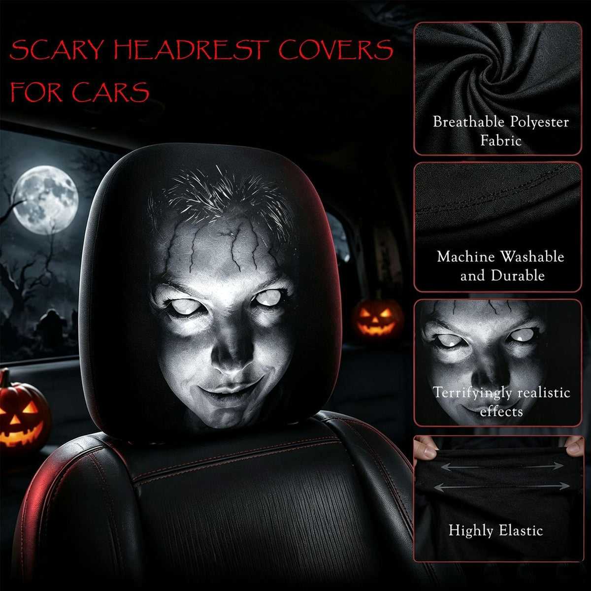 Halloween Ghost Face Car Headrest Covers Set of 2 or 4 - Horror Prank Accessories