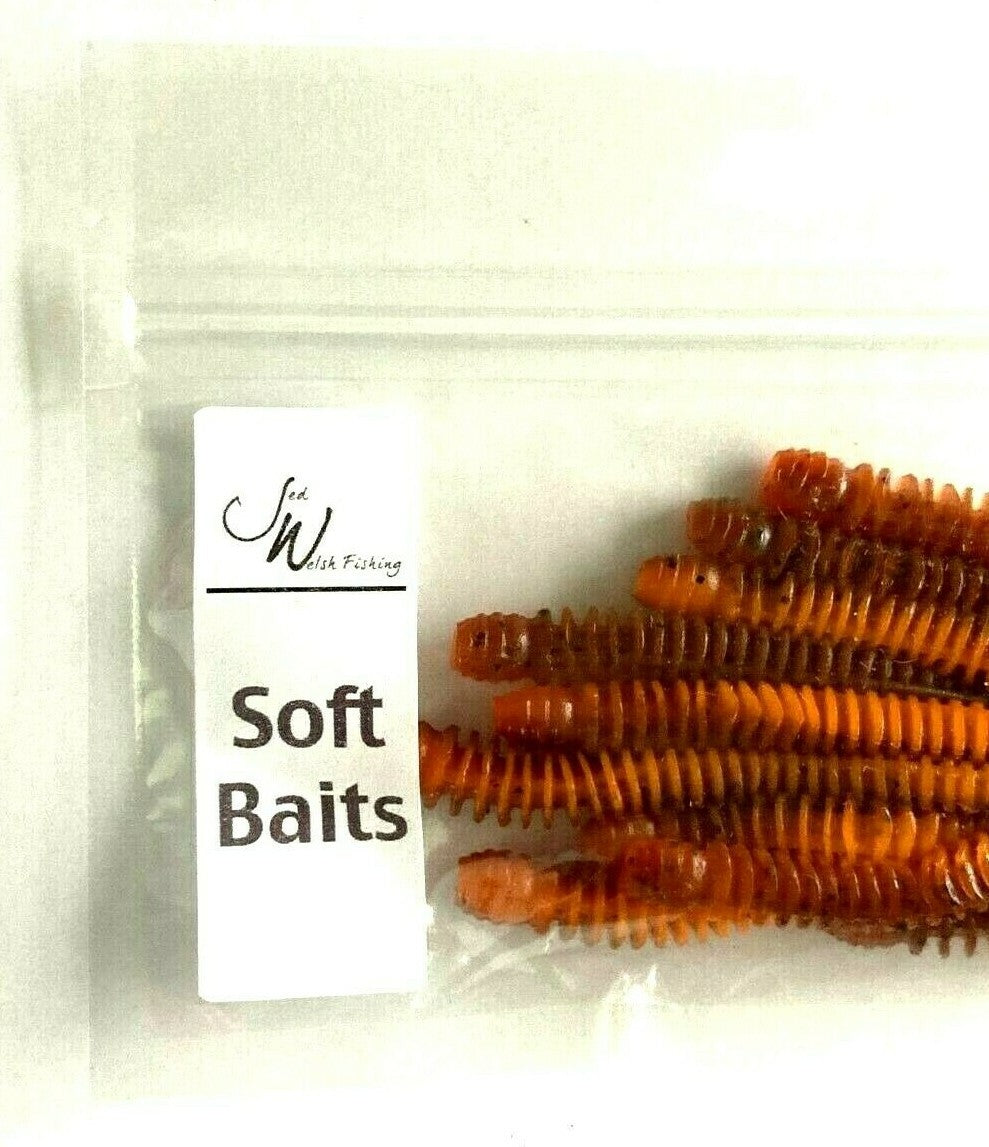 2 Pack Ribbed Curly Tail Worm Bait Set for Fishing - Brown & Orange Pepper Flake Colors
