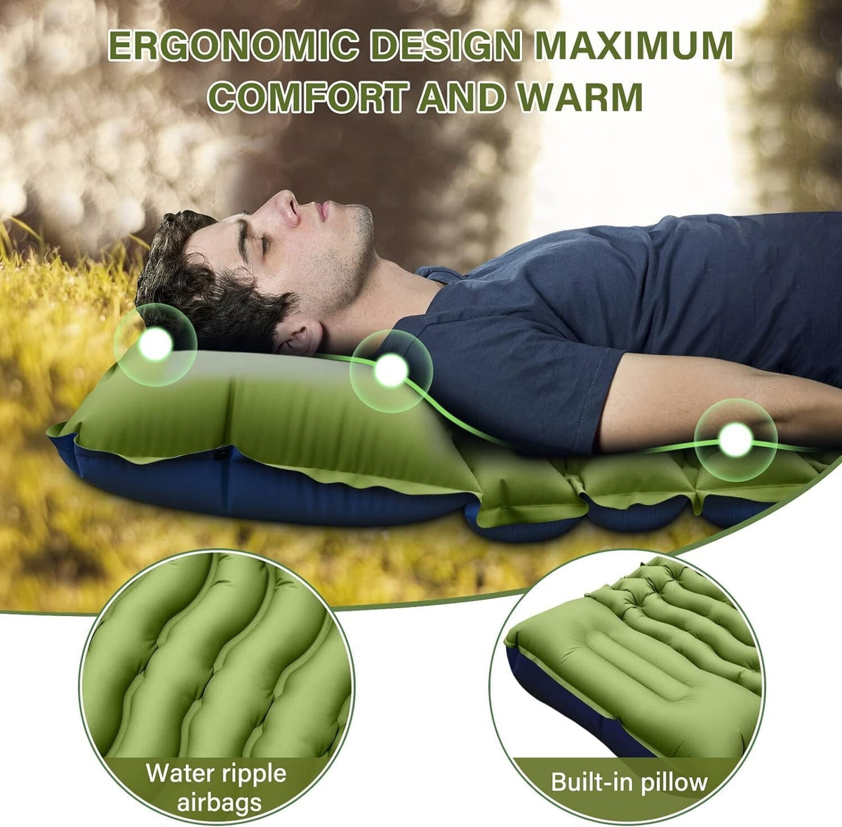 Inflatable Camping Sleeping Pad with Built-in Pillow & Foot Pump