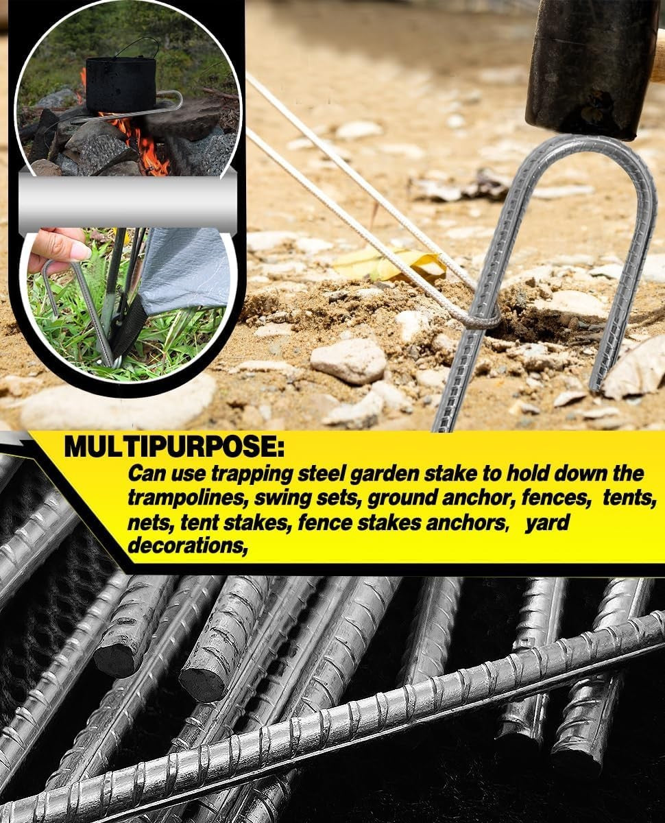 Heavy Duty Rebar Stakes 12 Inch Ground Tent Stakes with Hook - Galvanized Steel